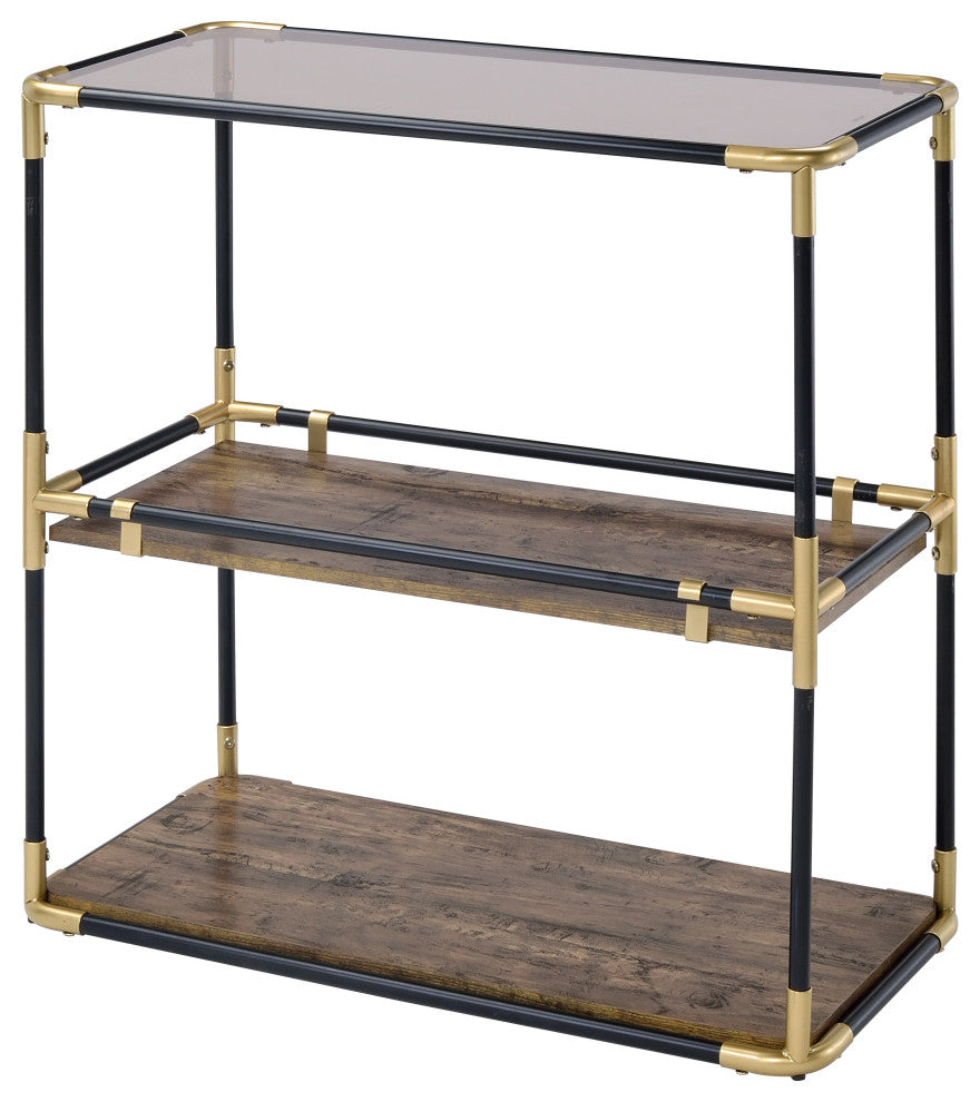 Benzara BM191404 Glass Top Console Table Metal Framing and Wooden Shelves, Black