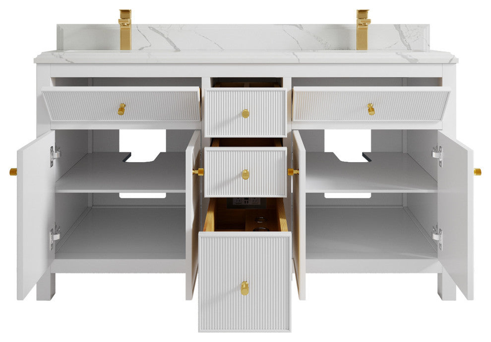 Sonoma 60 Double Sink Reeded Bathroom Vanity in White 1.5" Calacatta Laza