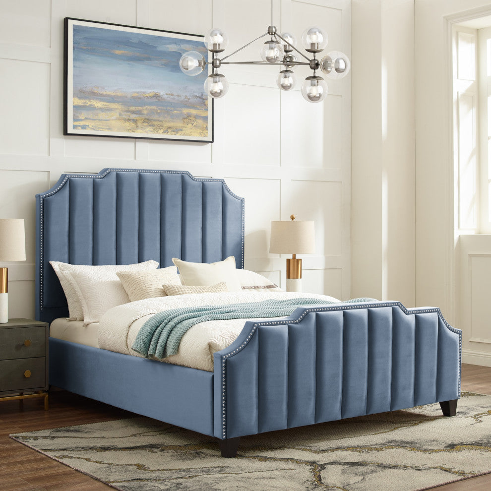 Inspired Home Zaida Bed, Velvet Upholstered, Sky Blue, Queen