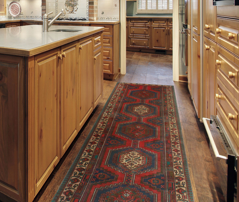 Fine Vintage Distressed Rama Red/Navy Runner, 3'2x10'7