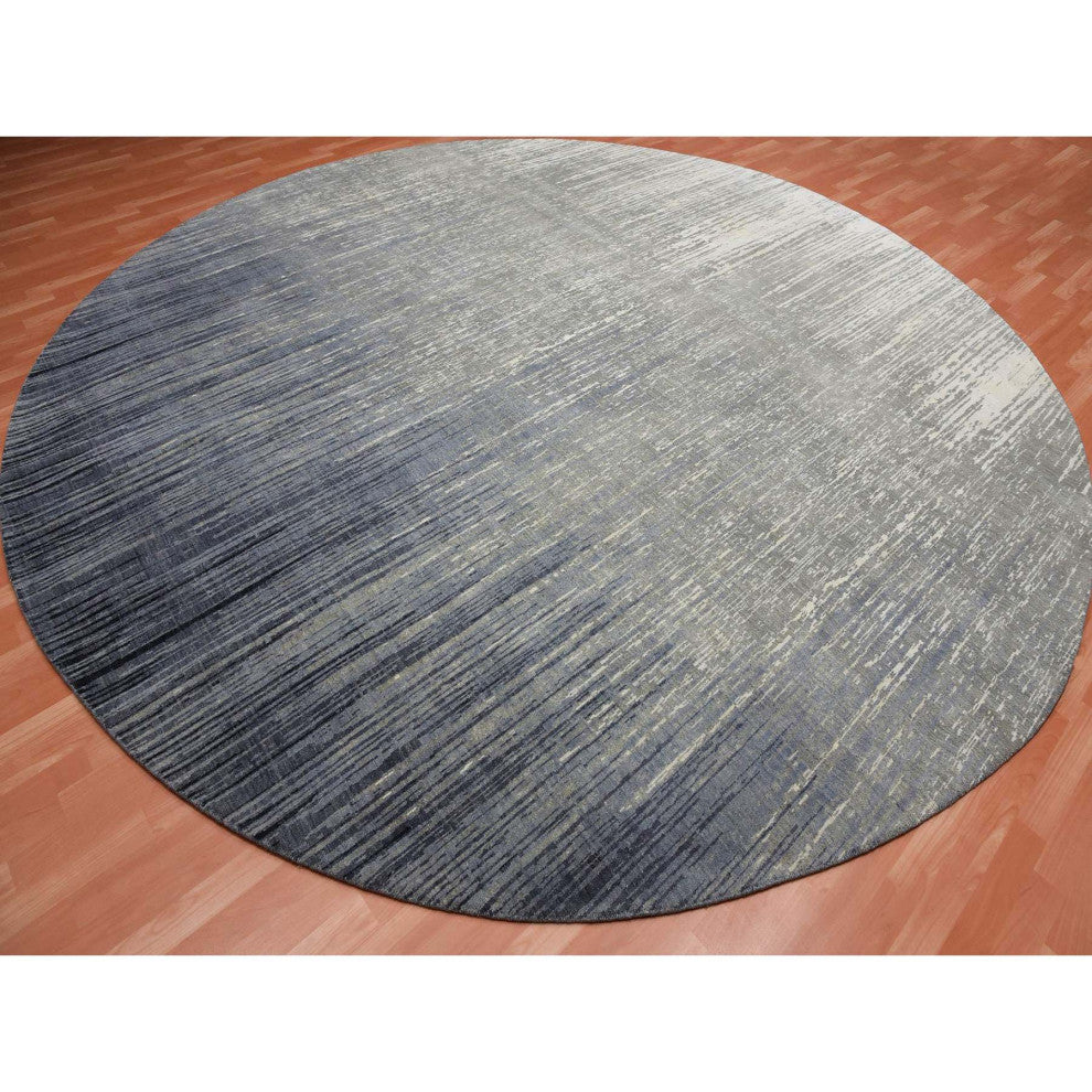 Blue/Gray Hand Knotted Modern Ombre Pure Wool Round Oriental Rug, 12'1"x12'2"