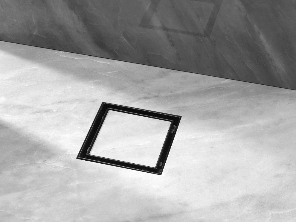HEATGENE Square Shower Drain With Flat Cover, Matt Black, 6"