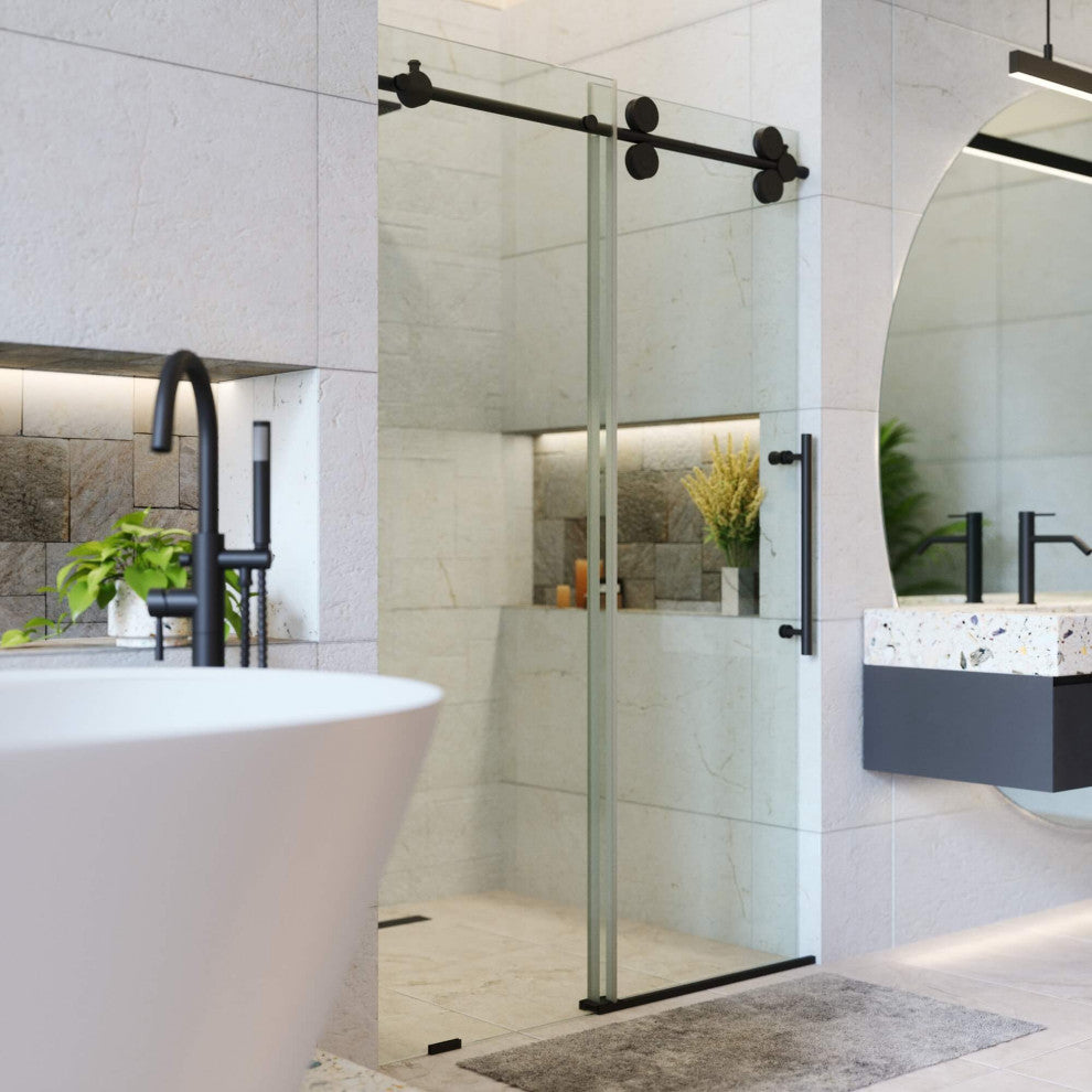 Frameless Clear Sliding Shower Door With Tempered Glass - Shower Bathroom Door, Black, 48" X 75", Single Sliding Door
