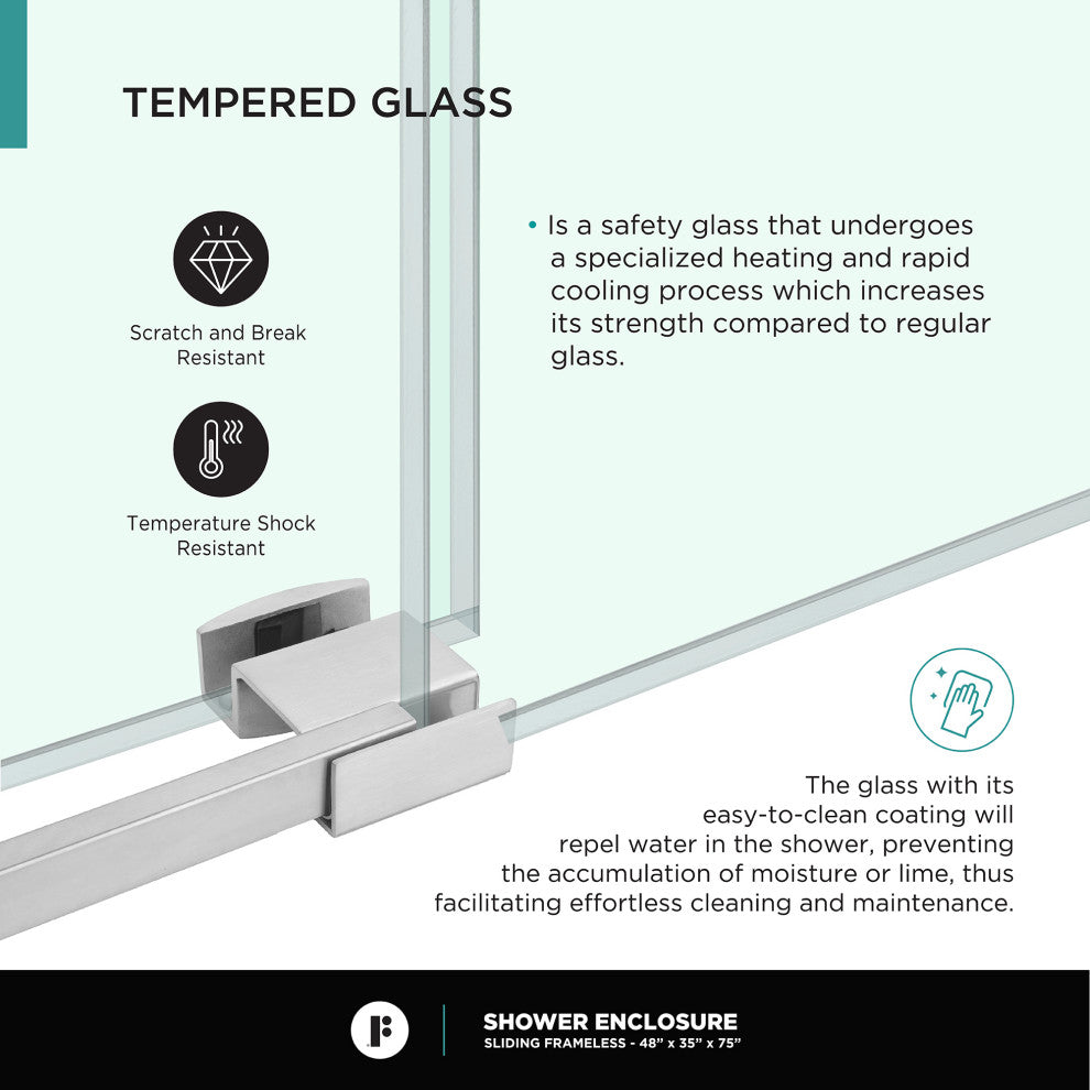 Frameless Shower Enclosure Sliding Shower Glass Door - Tempered Glass, Polished Chrome, 48"