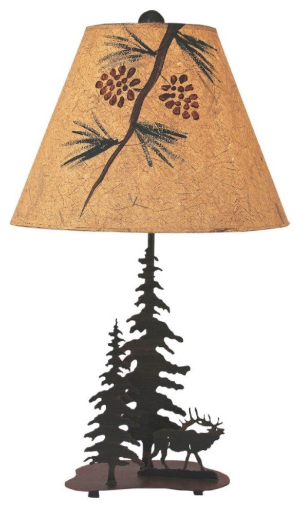 Burnt Sienna iron Nature Scene Table Lamp With 2 Feather Trees and Elk