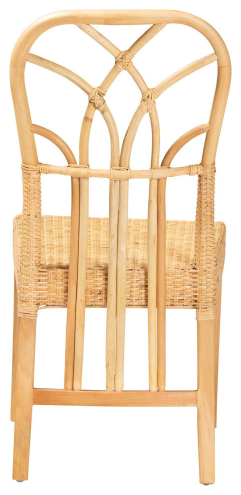 Modern Bohemian Oak Brown Finished Wood Natural Rattan Dining Chair