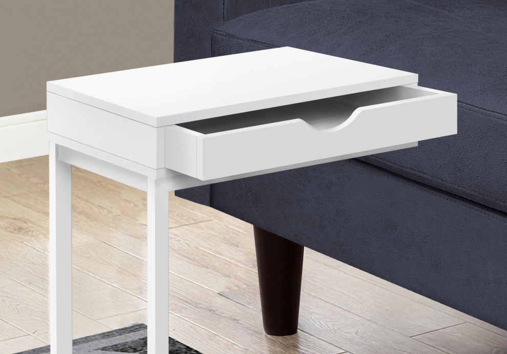 Accent Table C-Shaped End Side Snack Storage Drawer Metal Laminate White