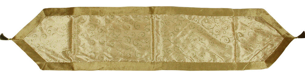 Satin Glitter Print Runner With Velvet Border and Tassels, Gold, 16"x72"