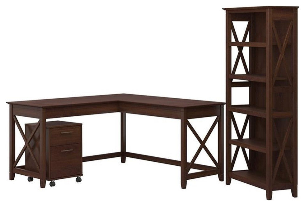 Bush Furniture Key West 60W L Shaped Desk with Mobile File Cabinet & Bookcase