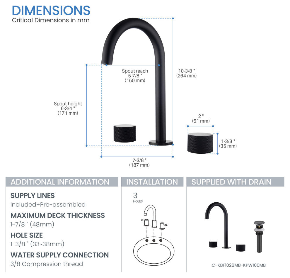 Circular X 8" Bathroom Sink Widespread Faucet with Drain Assembly, Matte Black