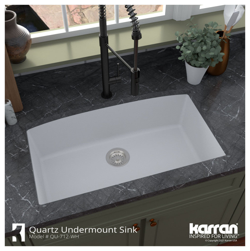 Karran Undermount Quartz 32" Single Bowl Kitchen Sink Kit, Black