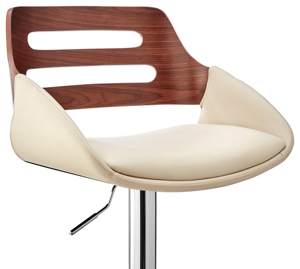 Karter Adjustable Faux Leather/Wood Barstool, Cream and Walnut With Chrome Base