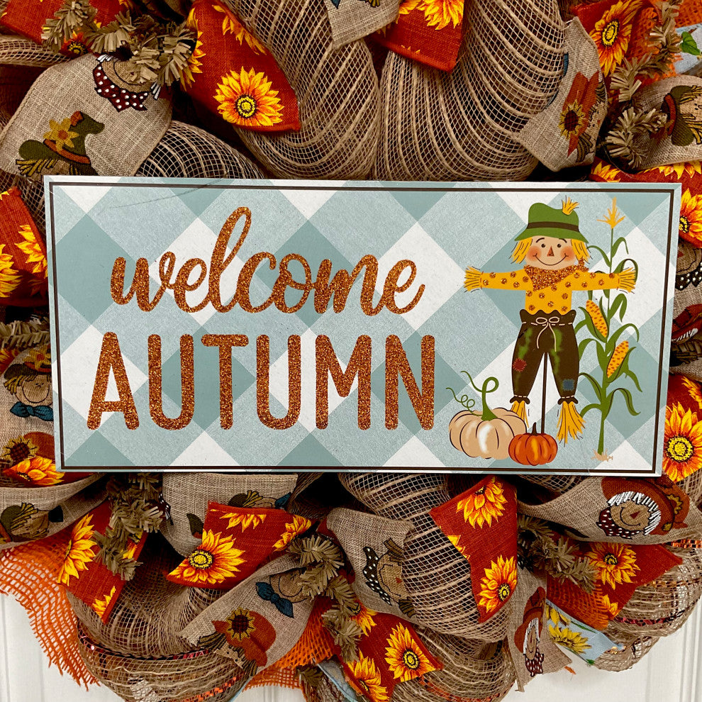 Hello Autumn Blue Check Scarecrow Halloween or Harvest Wreath Handmade Deco Mesh