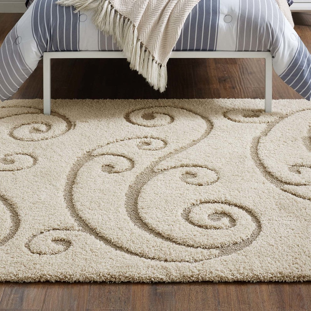 Creame and Beige Jubilant Sprout Scrolling Vine 5x8 Shag Area Rug