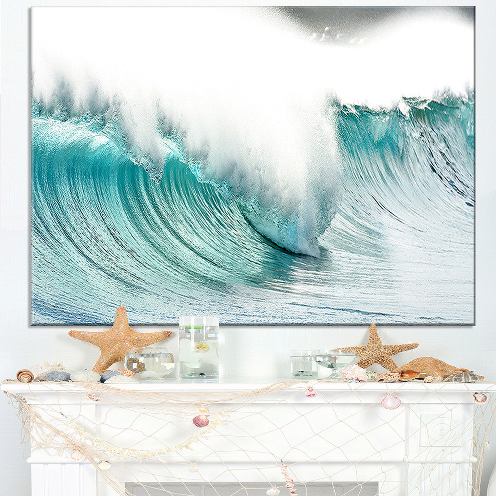 "Massive Blue Waves Breaking Beach" Seascape Wall Art, 40"x20"