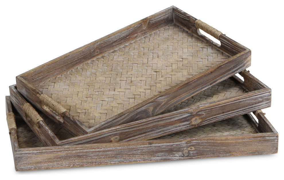 3-Piece Brown Wooden Trays With Center Bamboo Pattern And Rope Handles