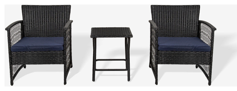 WestinTrends 3PC Outdoor Patio Rattan Wicker Seating Conversation Set, Black/Navy
