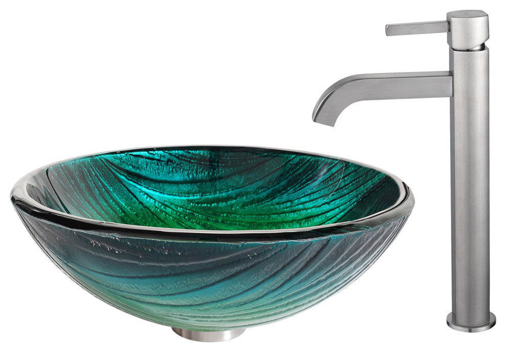 Glass Vessel Sink, Bathroom Ramus Faucet, PU Drain, Mounting Ring, Nickel