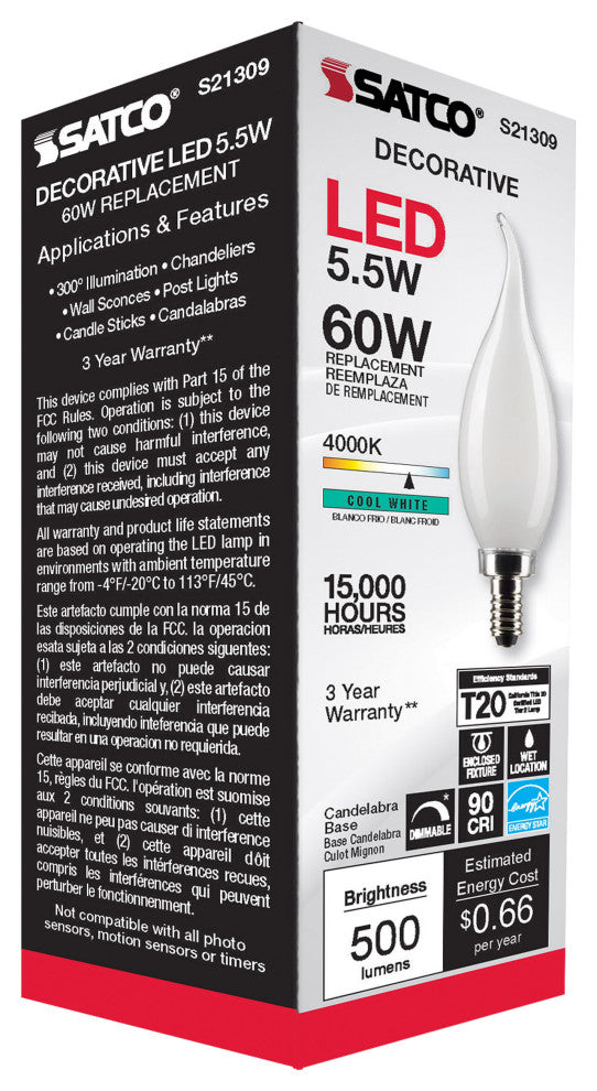 5.5W CA10 LED, Frost, Candelabra Base, 90 CRI, 4000K, 120V