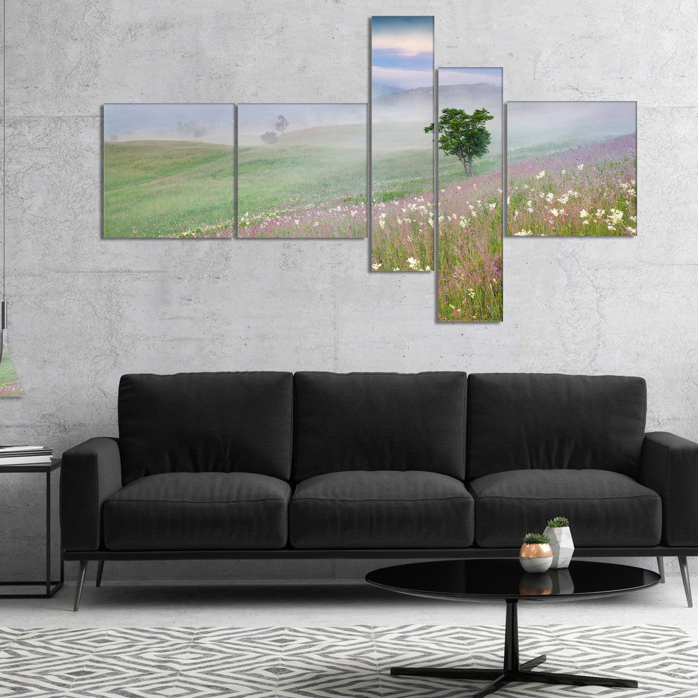 Foggy Summer Morning in Mountains, Landscape Canvas Art Print, 60"x32", 5 panels