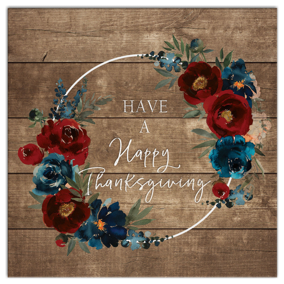 Happy Thanksgiving Floral Wreath 1 16"x16" Canvas Wall Art