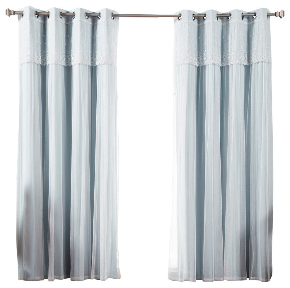 Tulle Sheer With Attached Valance and Solid Blackout Curtains, Sky Blue, 84"