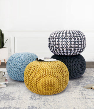 Pasargad Home Santorini Cotton Pouf, Ivory and Grey