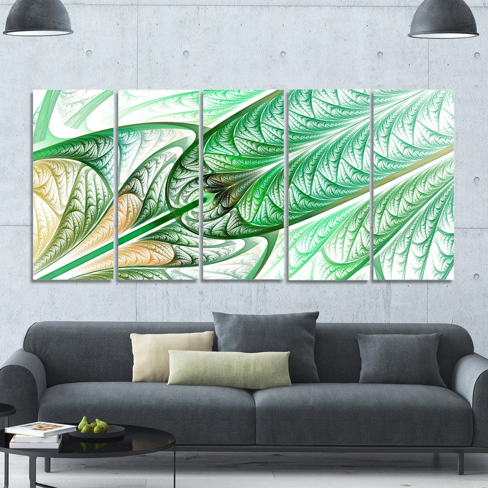 Green on White Fractal Stained Glass, Abstract Canvas Art, 60"x28", 5 Panels