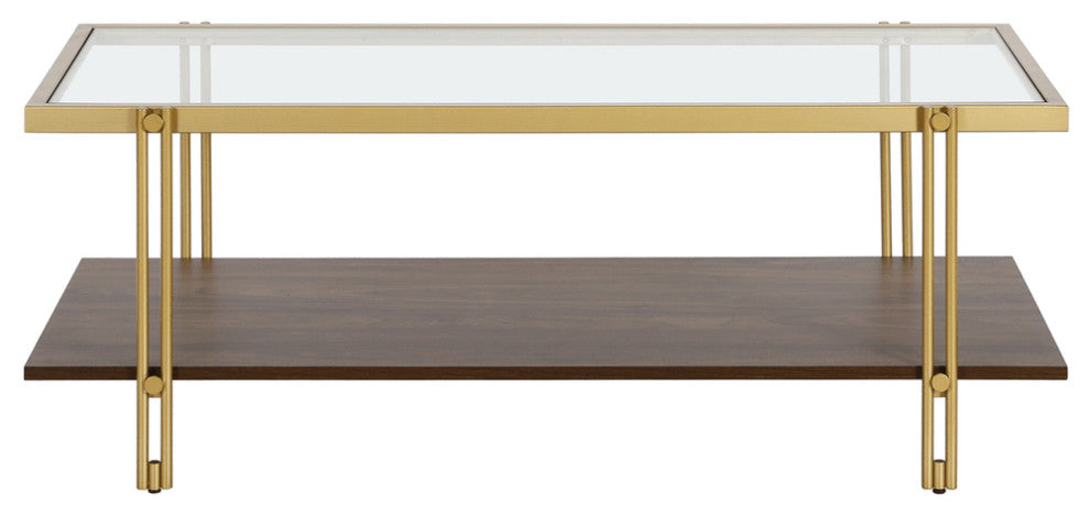45" Brown And Gold Glass And Steel Coffee Table With Shelf