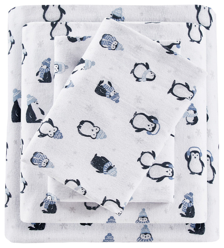 Intelligent Design Cozy Soft Cotton Flannel Printed Sheet Set, Blue Penguins