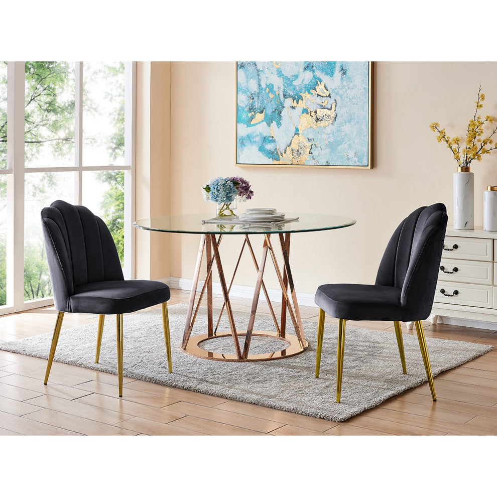 Set of 2 Dining Chair, Golden Legs & Channel Quilted Back With Crown Top, Black