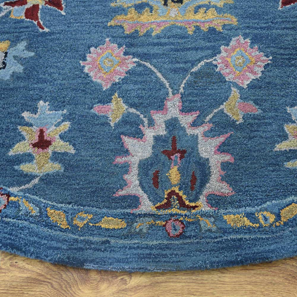 HAND TUFTED WOOL ECO-FRIENDLY AREA RUGS - Round,Light Blue,Floral