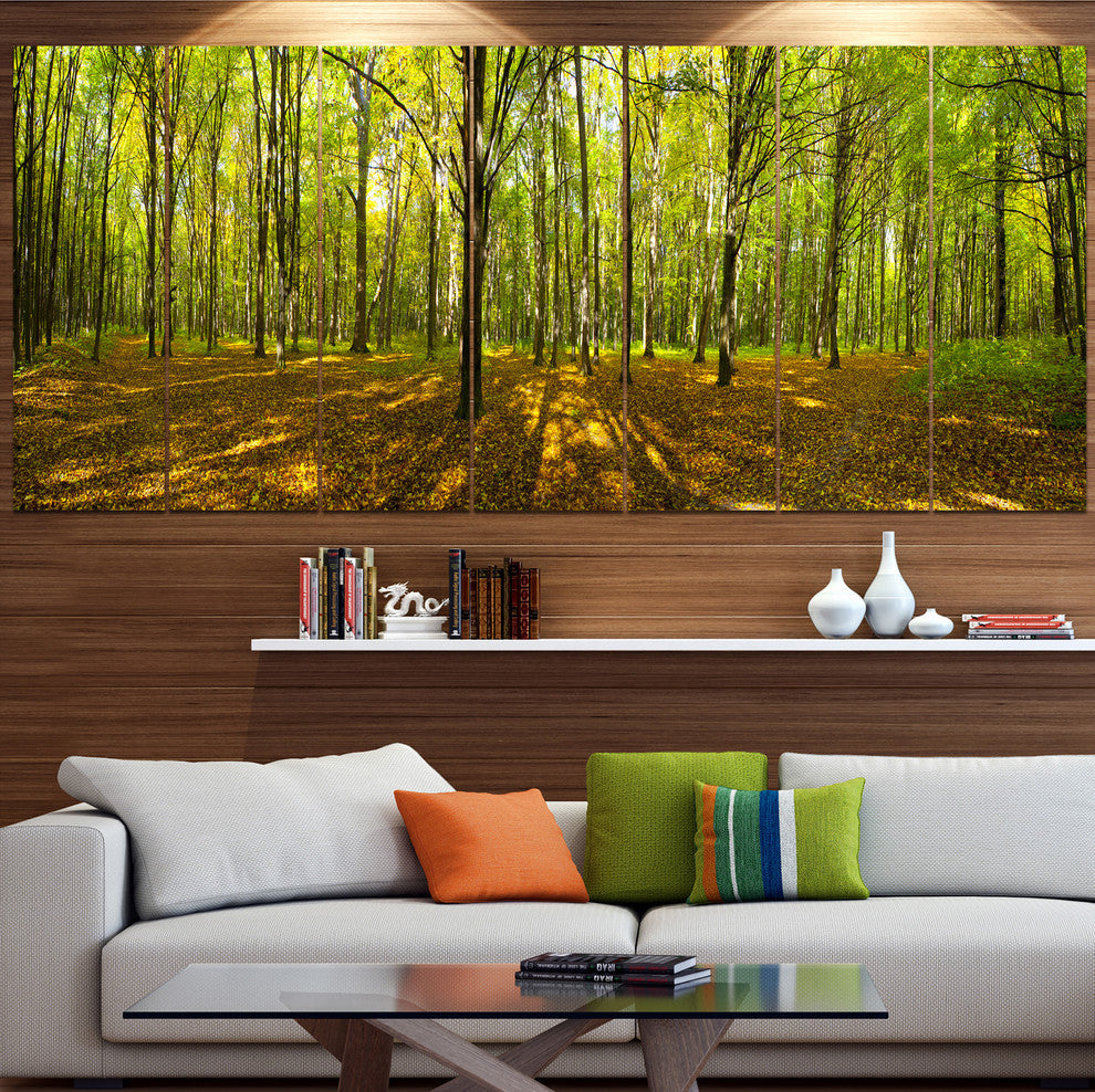 Green Autumn Forest Panorama, Landscape Canvas Art Print, 83"x32", 7 Panels