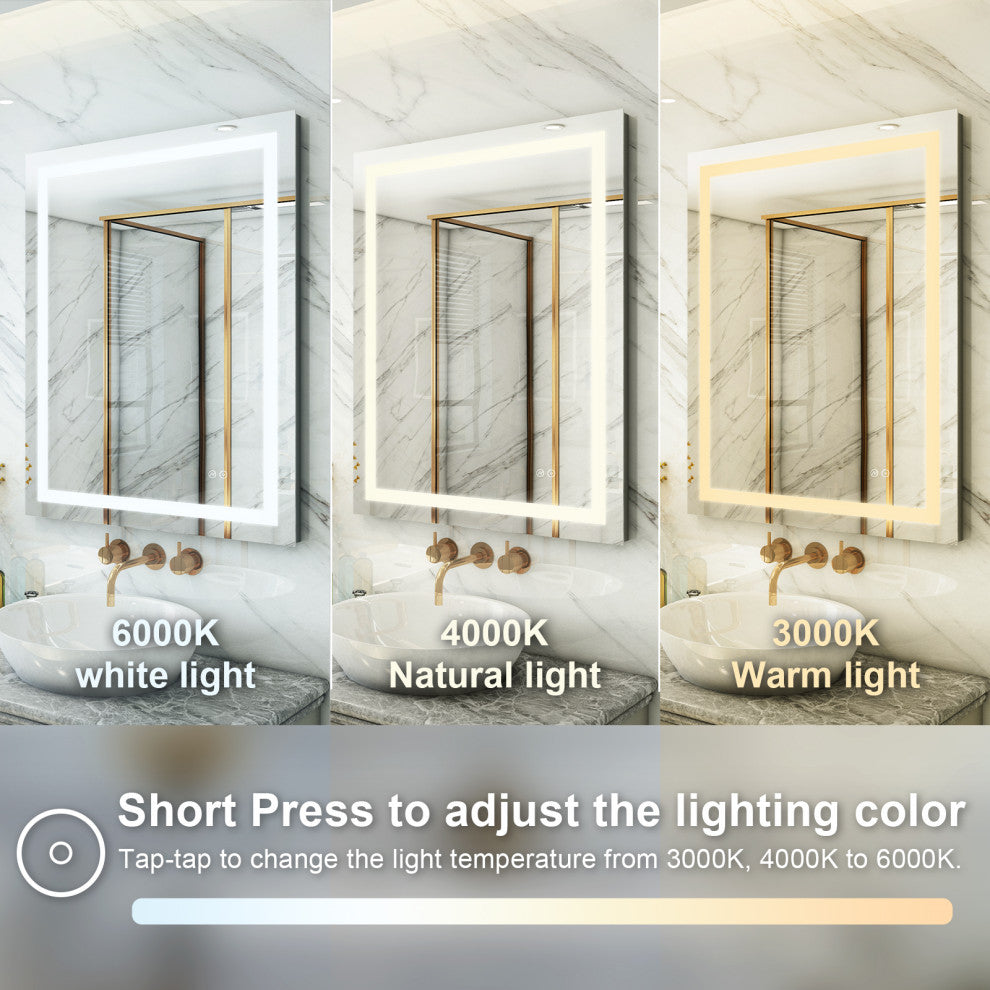 Frameless LED Bathroom Vanity Mirror With Defogger Dimmer, 28"x36"
