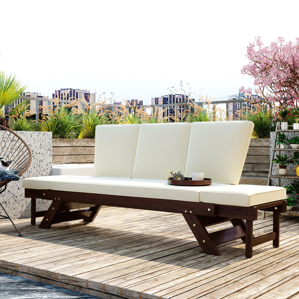 Outdoor Adjustable Wooden Patio Daybed Sofa Chaise Lounge With Cushions, Beige