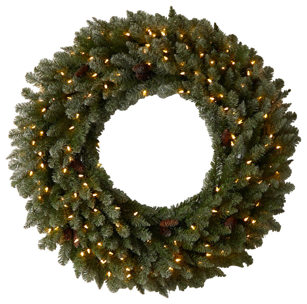 4ft. Large Flocked Faux Xmas Wreath W/Pinecone, Clear Lights & Bendable Branches