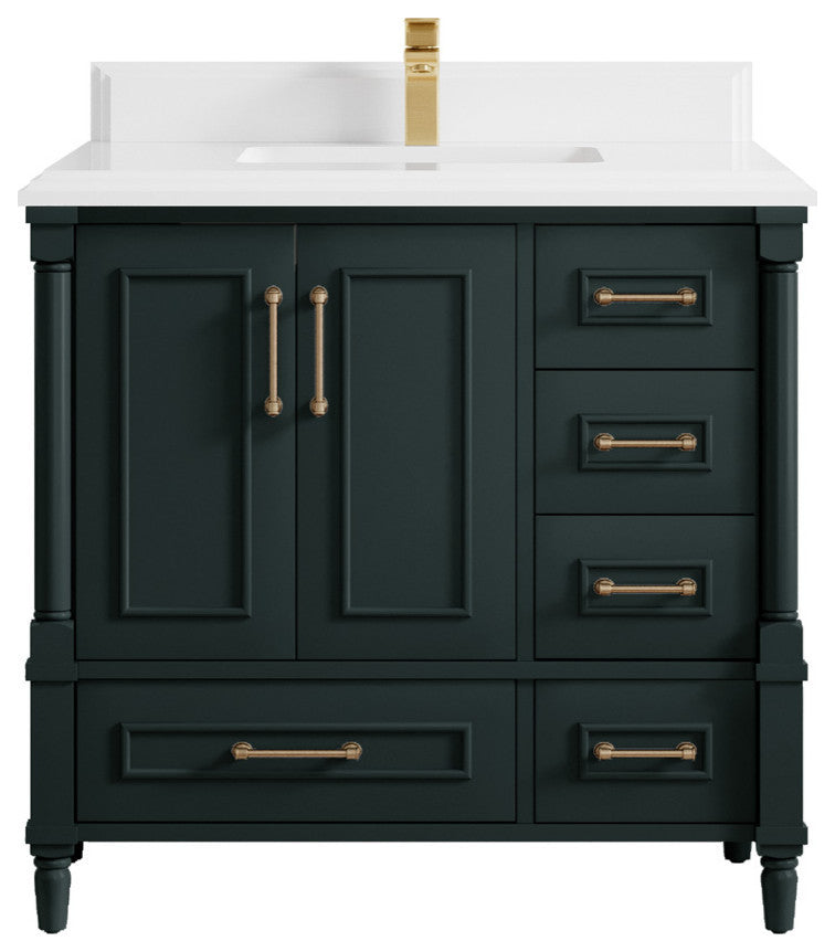 Aberdeen 36 Center Sink Bath Vanity in Dark Forest Green 1.5" White Quartz