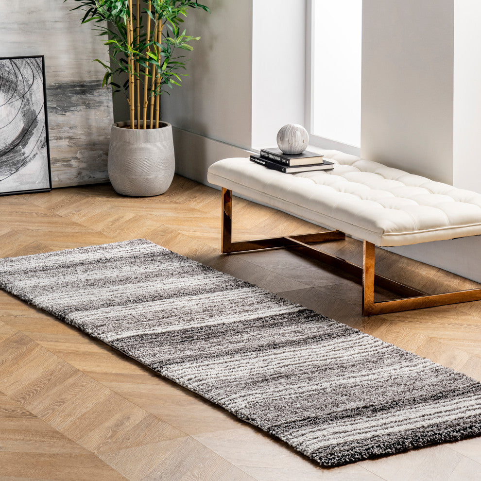 Nuloom Hand-Tufted Striped Shaggy Plush Shag Rug, Grey Multicolor 2'6"x8'Runner