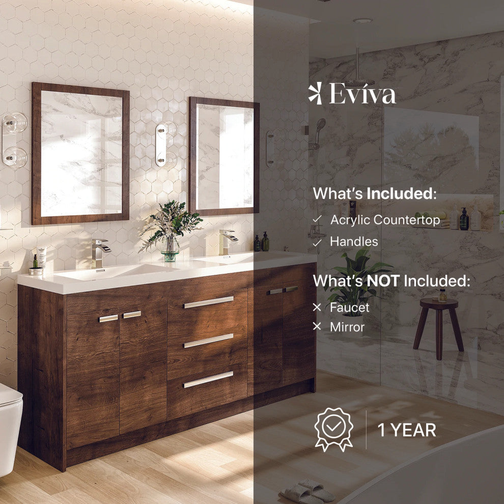Eviva Lugano 72" Rosewood Modern Double Sink Bathroom Vanity w