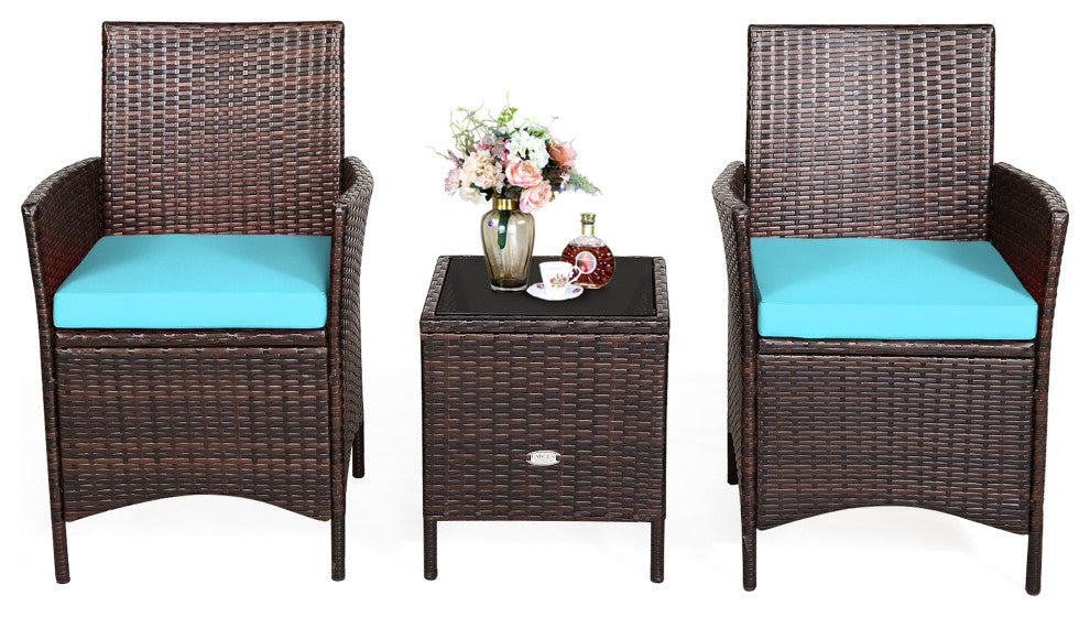 Costway 3PCS Patio Rattan Furniture Set Cushioned Sofa Glass Tabletop Deck Blue