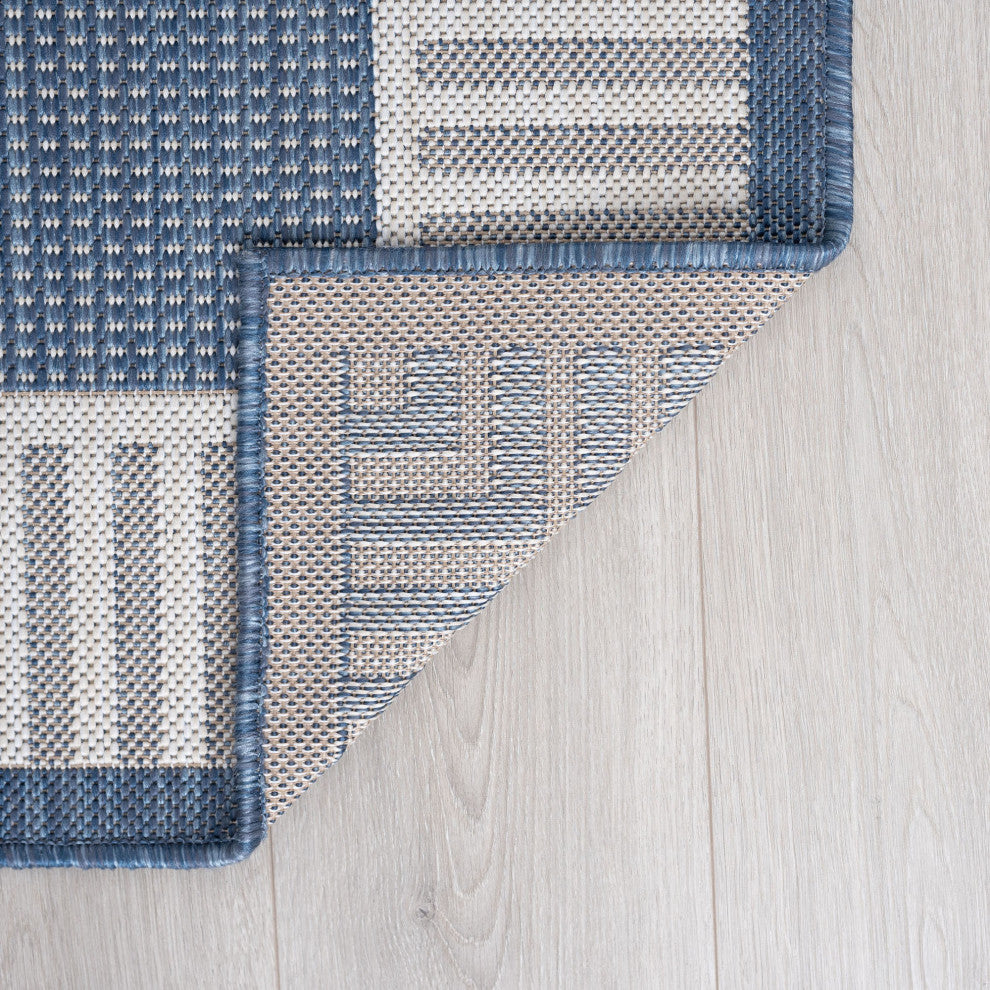 Elgin Transitional Striped Border Blue/Cream Indoor/Outdoor Area Rug, 9'x12'