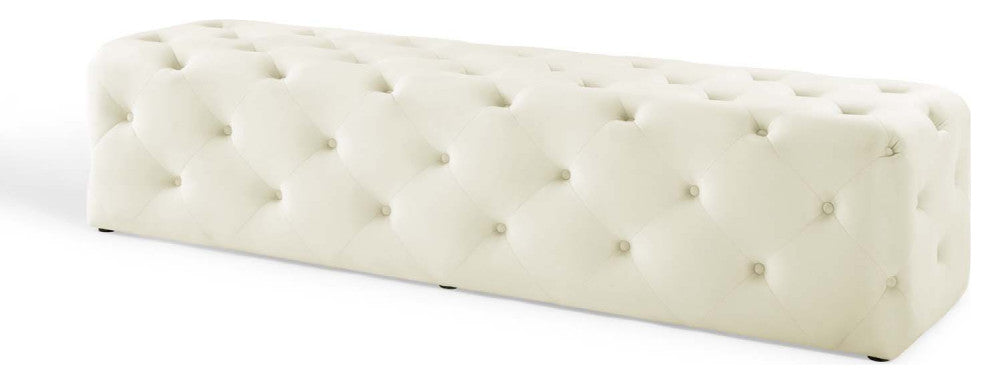 Tufted Accent Chair Bench, Velvet, Ivory White, Modern, Lounge Hospitality