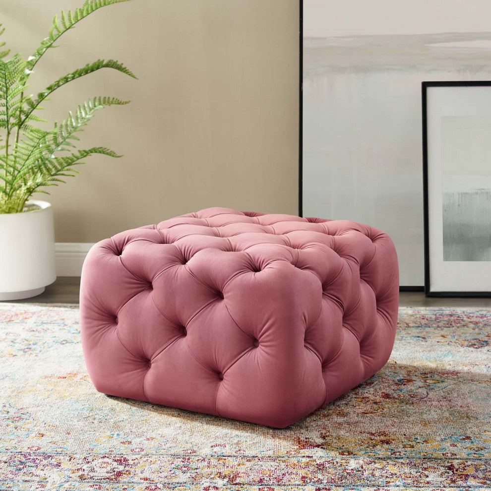 Tufted Accent Chair Ottoman, Square, Velvet, Pink, Modern, Lounge Hospitality