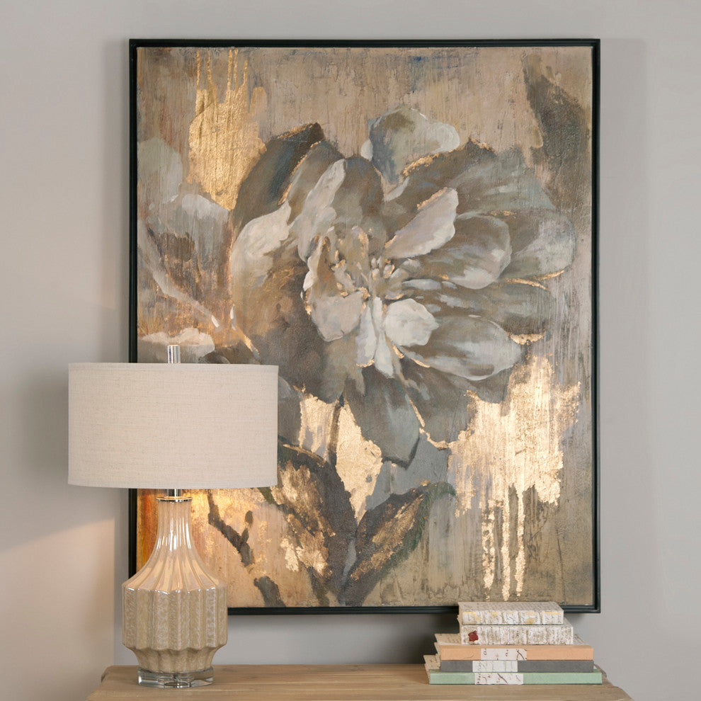 White Gold Floral Peony Painting, Oversize 51" Wall Art Artwork Flower Black