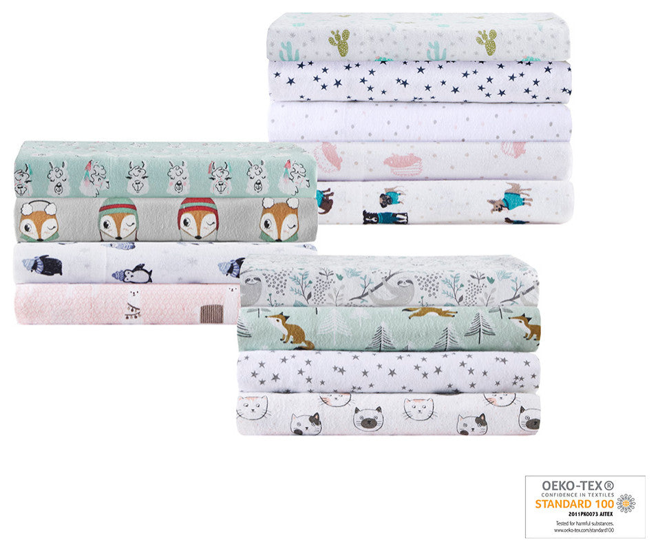 Intelligent Design Cozy Soft Cotton Flannel Printed Sheet Set, Blue Stars