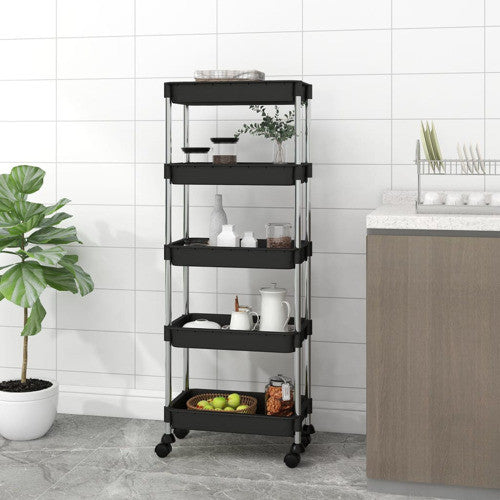 vidaXL 5-Tier Kitchen Trolley Kitchen Cart with Wheels Black Iron and ABS