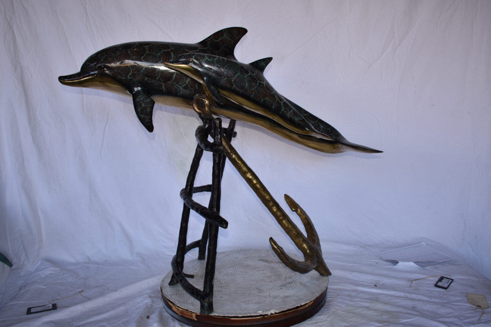 Two Dolphins Swimming Bronze Statue slight paint damage 46"x 23" x 36"H