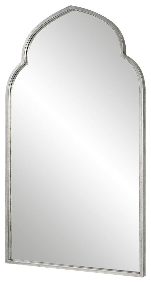 38 Inch Wood Wall Mirror, Moroccan Style, Antique Silver