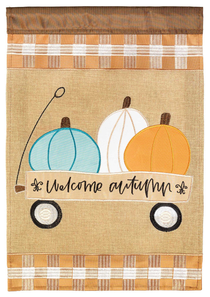 Welcome Autumn Wagon Fld Flag, Burlap, Large