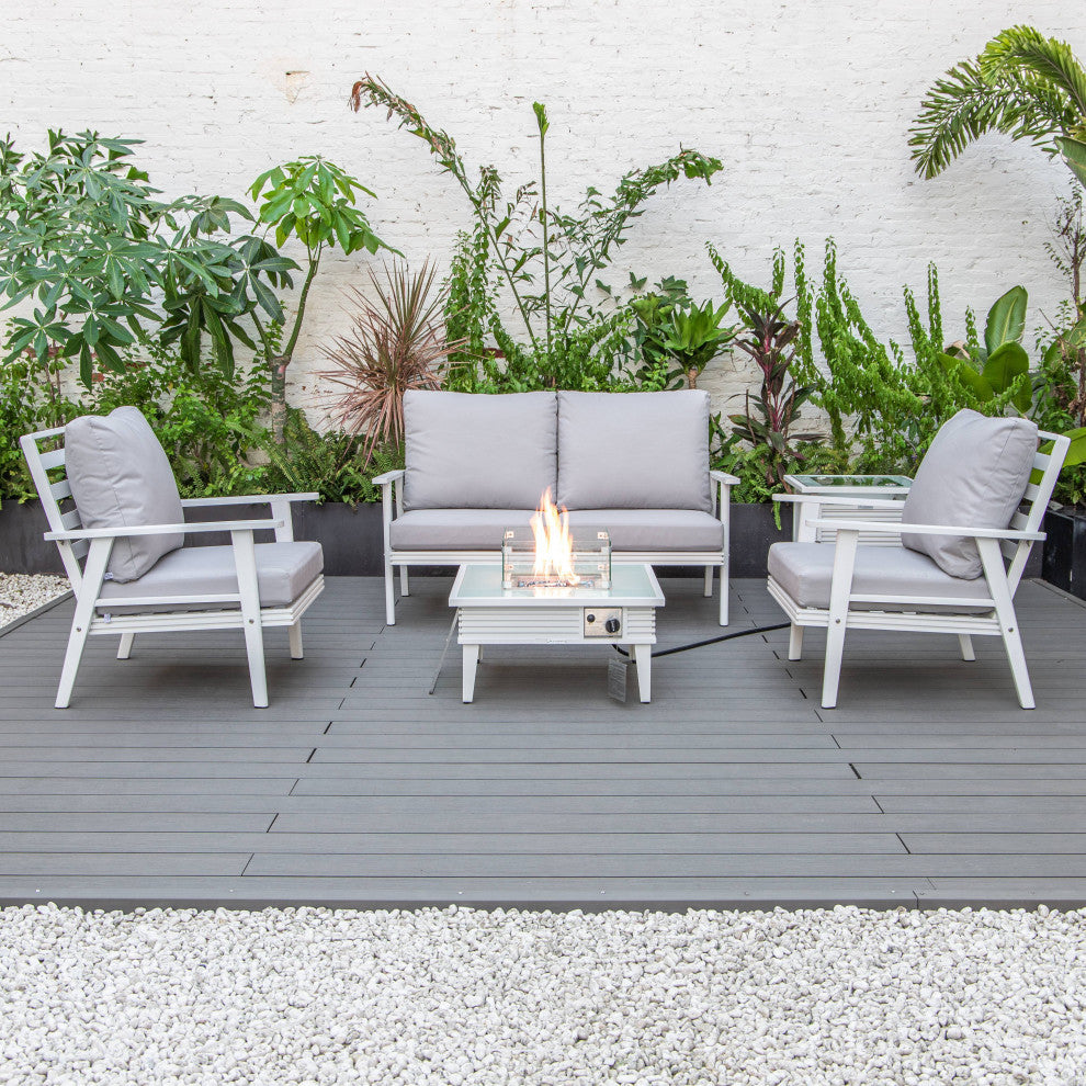 LeisureMod Walbrooke White Patio Conversation Set With Fire Pit, Light Gray